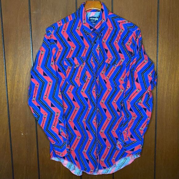 Vintage 80s Wrangler Funky Arrow Aztec Western Cowboy Button Up Shirt Sz L/XL - Picture 1 of 3